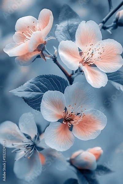 Fototapeta A close-up photo of several peach blossoms blooming on a branch, with delicate pink petals and visible stamens.