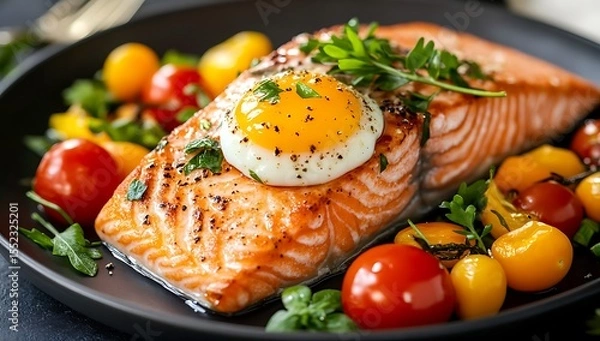 Fototapeta A close-up photo of perfectly cooked salmon fillet, done in bright colors ranging from orange to dark brown, decorated with egg yolk and fresh green herbs on top.