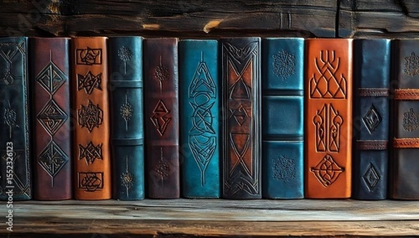 Fototapeta A collection of book covers with embossed designs arranged in rows on wood.