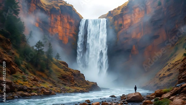 Obraz Majestic Waterfall Surrounded by Forest Hills