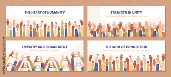 Obraz Flat colorful banner of a diverse community raising hands as a symbol of solidarity set. Representation teamwork, hope, and charity. Set raised hands promoting unity and volunteer values.