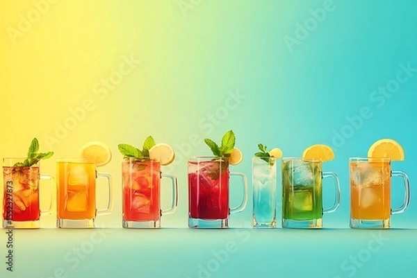 Fototapeta A colorful and vibrant image of various glasses filled with different types of tea, lemonade, or cocktail drinks arranged in the center on a blue background.