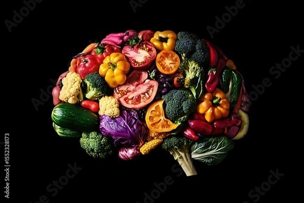 Fototapeta A colorful brain made of various vegetables, symbolizing the role of food in maintaining mental health.
