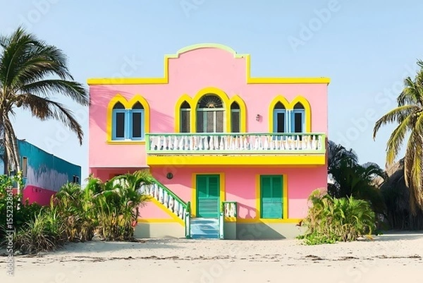 Fototapeta A colorful house built in the Art Deco style, located on an empty beach with sandy terrain and palm trees. The building has pastel pink walls, bright yellow window frames.