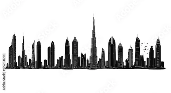 Fototapeta Dramatic silhouette of Dubai skyline against a stark white backdrop showcasing modern architecture and urban development