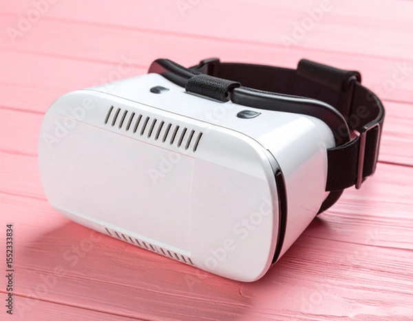 Fototapeta Pristine white virtual reality headset rested on smooth polished pink wooden table, inviting exploration and immersive experiences in modern setting