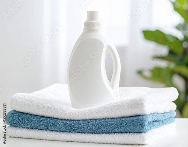 Fototapeta Pristine white detergent bottle stands prominently on neatly stacked towels, one white and one blue, creating clean and fresh atmosphere in bright setting