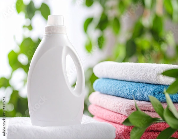 Fototapeta Pristine white detergent bottle with minimalist design stands prominently beside neatly stacked colorful towels, evoking sense of cleanliness and freshness in vibrant setting