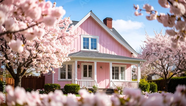 Fototapeta Quaint pink house surrounded by blooming cherry blossom trees creates serene and picturesque scene, evoking feelings of tranquility and beauty