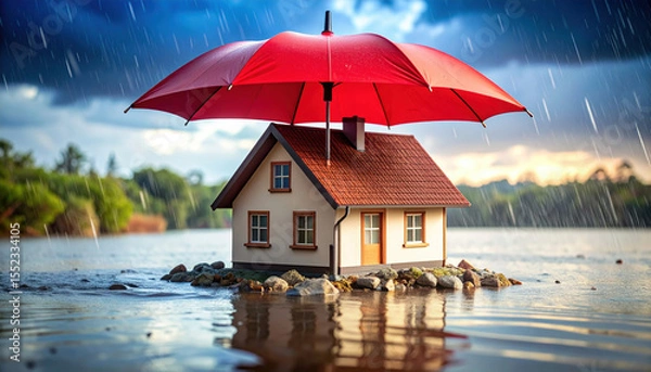 Fototapeta Quaint red umbrella shelters tiny home, its windows reflecting torrential rain, creating serene yet dramatic scene. surrounding water adds to atmosphere of tranquility