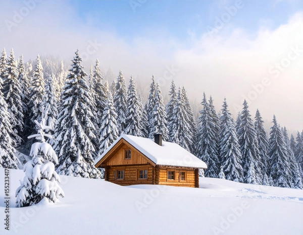 Fototapeta Quaint wooden cabin nestled amidst snow dusted embrace of towering forest, creating serene winter landscape. scene evokes sense of tranquility and warmth
