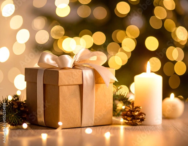 Fototapeta Beautifully wrapped gift box with satin ribbon sits elegantly beside lit candle, surrounded by festive decorations and warm bokeh lights, creating cozy holiday atmosphere