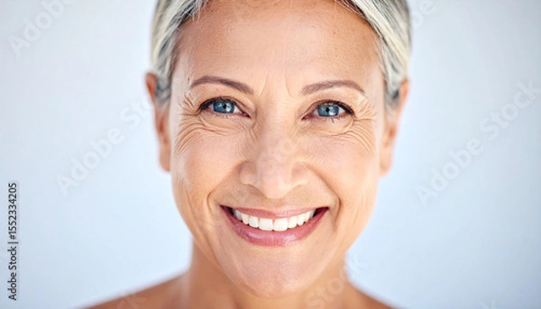 Fototapeta Radiant mature woman with sparkling blue eyes and captivating charm smiles warmly, exuding confidence and joy in bright, soft background