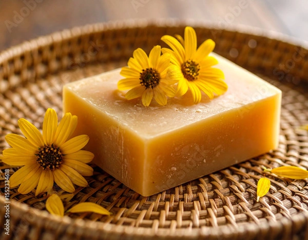 Fototapeta Rustic honeycomb soap bar adorned with dried yellow sunflowers rests gracefully on woven basket, evoking sense of natural beauty and tranquility