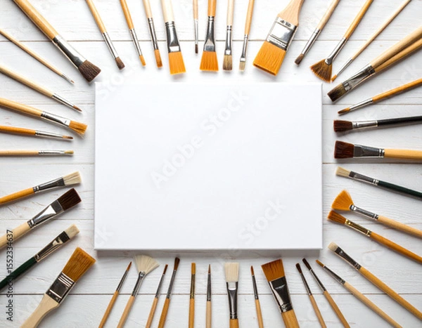 Fototapeta Collection of various paintbrushes surrounds blank canvas on rustic white wooden table, creating inviting atmosphere for artistic expression and creativity