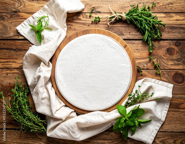 Fototapeta Rustic wooden board surrounded by fresh herbs and soft textured linen cloth creates warm and inviting atmosphere, perfect for culinary presentations or food photography