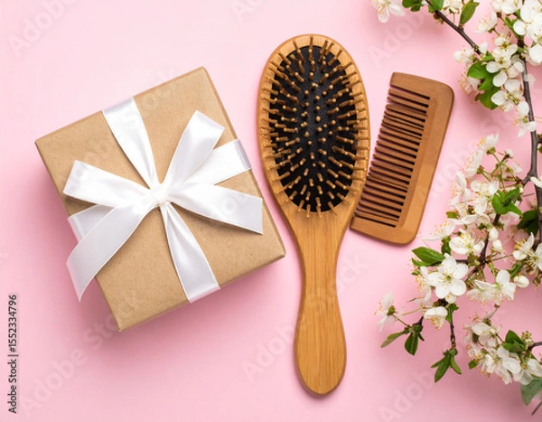 Fototapeta Rustic wooden hairbrush and comb placed beside beautifully wrapped gift on soft pink backdrop, complemented by delicate flowers, creating serene and inviting atmosphere