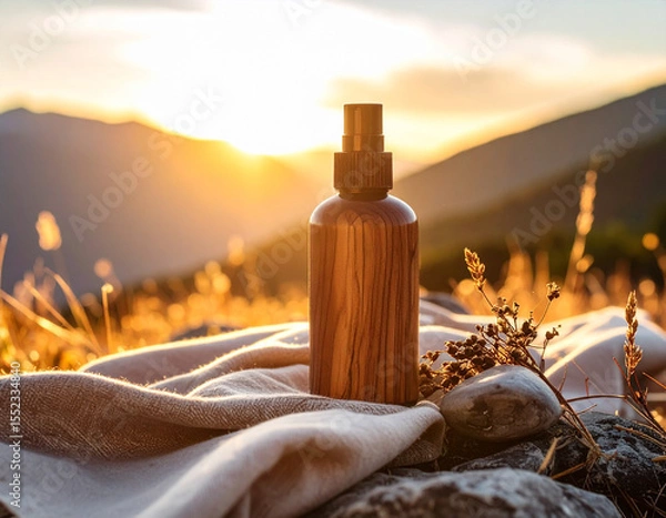 Fototapeta Rustic wooden skincare bottle sits elegantly on soft fabric, surrounded by natural elements like smooth stone, with beautiful sunset illuminating scene
