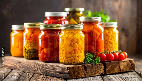 Fototapeta Rustic wooden stand displays collection of jars filled with vibrant, colorful vegetables, showcasing variety of textures and hues. warm tones evoke sense of home and comfort