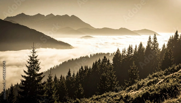 Fototapeta Majestic mountains rise above sea of fog, with evergreen trees framing serene landscape. sepia tones create timeless atmosphere, evoking sense of tranquility and wonder