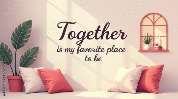 Fototapeta "Together is my favorite place to be" elegant flat typography, clean pastel color scheme, decorative details: books, windows, candles, vector cushions, soft and warm mood

