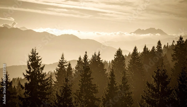 Fototapeta Majestic mountains rise in background, enveloped in sepia toned haze, while towering evergreen trees create serene forest landscape. tranquil atmosphere evokes sense of peace and wonder