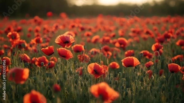 Obraz Poppy field at sunset, backlit petals glowing in the golden hour light