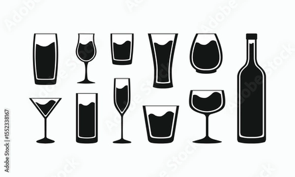 Fototapeta Silhouette vector set of various drink glasses and bottle on white background. Includes wine, cocktail, beer, whiskey, and champagne glass shapes. Ideal for bar or beverage design.