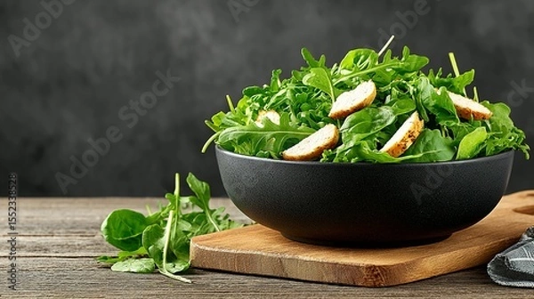 Fototapeta Freshly prepared salad with chicken and greens in a bowl.