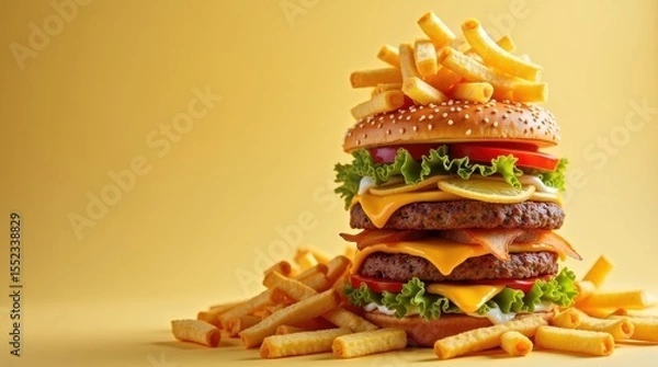 Obraz Sizzling burger stack with crispy fries fast food joint food photography bright background close-up tempting indulgence
