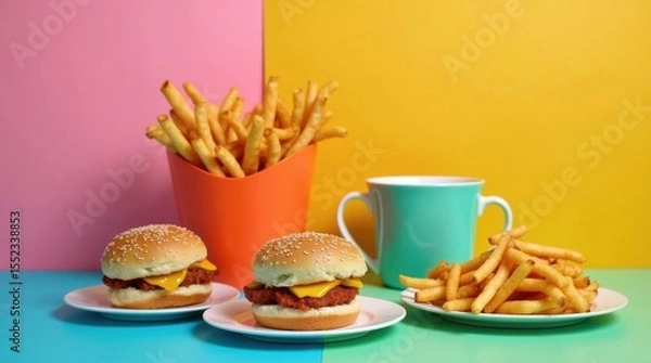 Obraz Delicious burgers and crispy fries colorful backdrop food photography vibrant setting top view culinary delight