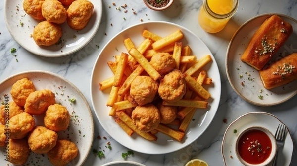 Obraz Delicious fried snacks and fries restaurant table food photography indoor dining top-down view culinary delight