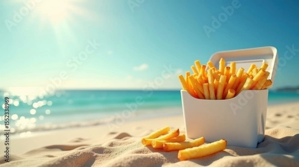 Obraz Enjoying crispy french fries at the beach tropical paradise food photography sunny environment relaxed viewpoint