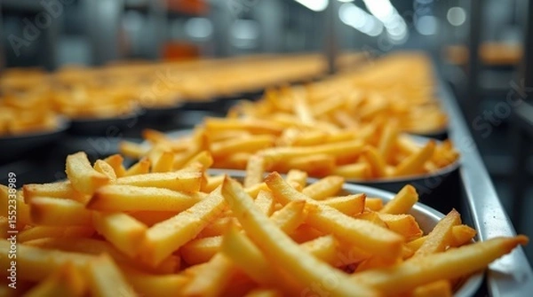 Obraz Batch production of crispy french fries in fast-paced food processing plant industrial setting close-up view