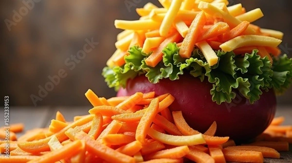 Obraz Preparing fresh vegetable salad with carrots and lettuce in a rustic kitchen environment