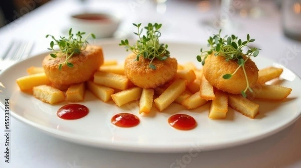 Obraz Crispy potato fries accompanied by flavorful croquettes restaurant food photography culinary delight top-down view gourmet experience