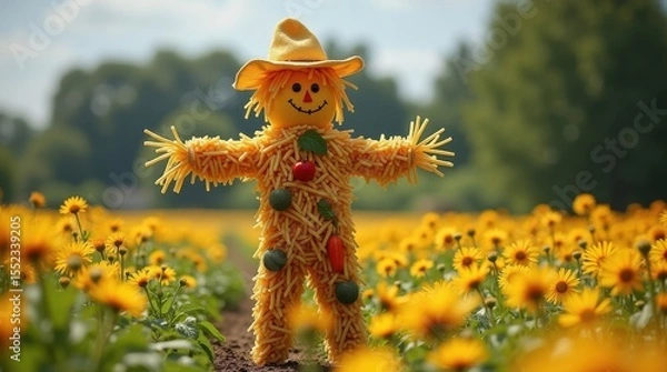 Obraz Scarecrow standing in blooming sunflower field rural farm photography daytime cheerful concept