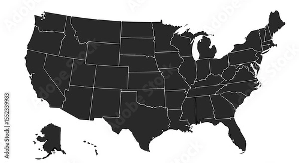 Fototapeta United States map presents the outline of each state with a dark gray solid fill and white borders against a white background.
