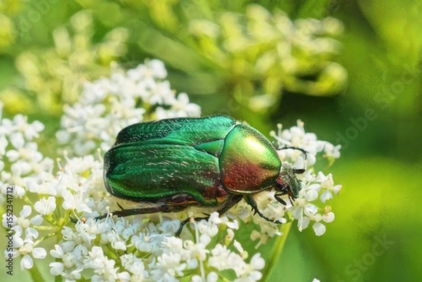 Fototapeta one big green bug collect pollen on a white flower on nature in a summer park