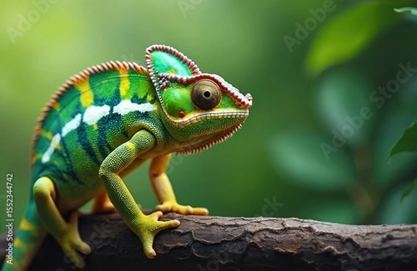 Obraz Colorful chameleon sits on branch, green background. Lizard displays camouflage, eye contact. Tropical reptile, exotic fauna wildlife nature. Close-up photo.