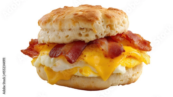 Fototapeta Bacon, egg, and cheese biscuit on white background