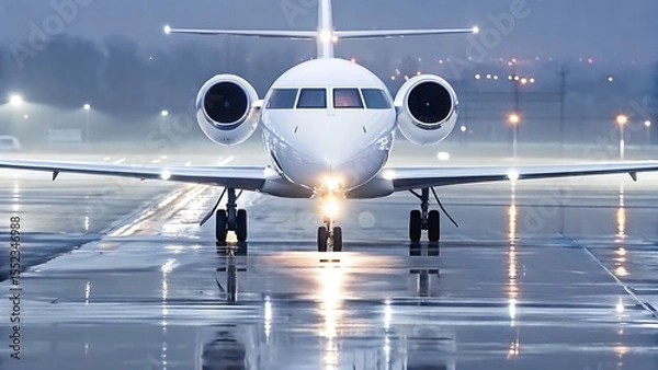 Fototapeta A private jet on a wet tarmac at night with lights reflecting off it