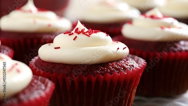 Fototapeta Close up of red velvet cupcakes with white frosting and red sprinkles