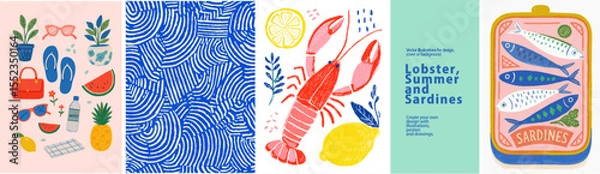 Fototapeta Summer in Italy: Vector art capturing summer with Italian sea theme with seafood, beach, sunglasses. Perfect for posters or any summer Italian design