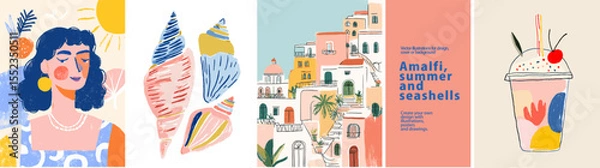 Obraz Summer Treats! Vector illustrations of a cocktail, shell, sardines & lobster. Perfect for summer designs, seafood themes, and coastal vibes. Fresh, bright & playful!