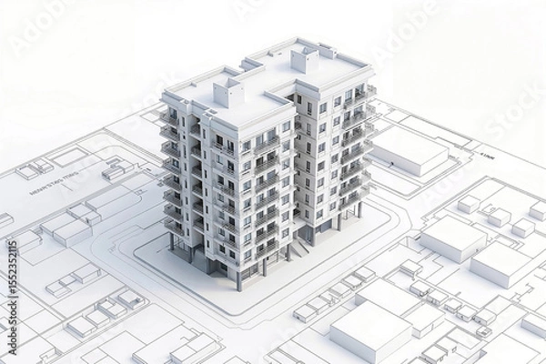 Fototapeta Sleek modern apartment building 3d model on blueprints