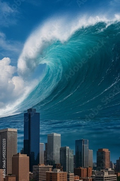 Fototapeta Massive Tsunami Wave Approaching a City Skyline - Natural Disaster