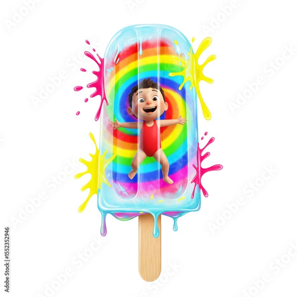 Fototapeta Cute Child Trapped in Rainbow Ice Pop with Splashes - Summer Fun Concept