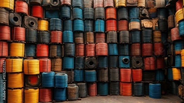 Obraz Multicolor cylindrical reels arrangement for industrial application and manufacturing backdrop