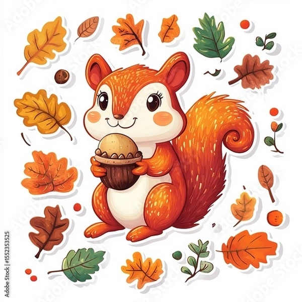 Fototapeta Cute cartoon squirrel holding an acorn surrounded by autumn leaves in colorful vector style on white background, perfect for kids and seasonal designs